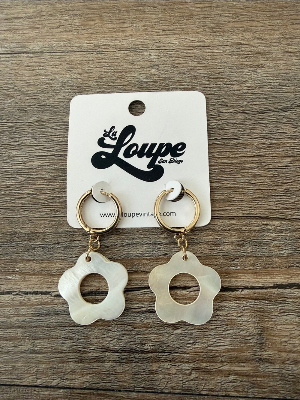 Gold Hoop Earrings with White Flower Mother-of-Pearl Drops